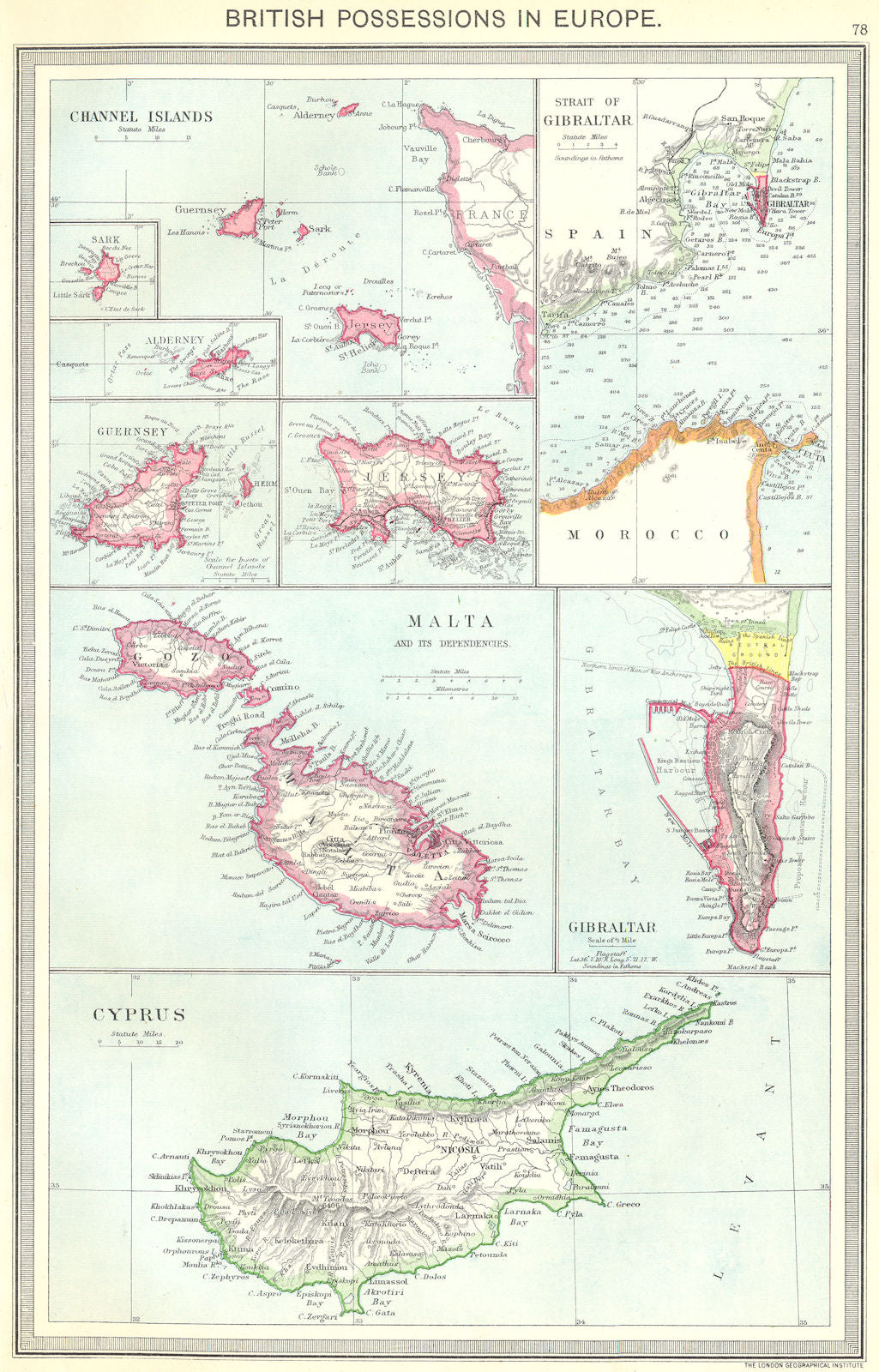 BRITISH EUROPEAN POSSESSIONS. Channel islands Gibraltar Malta Cyprus 1907 map